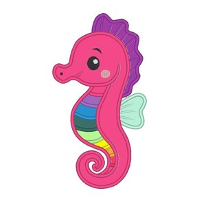 May include: A cartoon seahorse illustration in shades of pink, purple, blue, green, and yellow. The seahorse has a curved body, a curly tail, and a fin. The seahorse has a smiling face with a small blush.