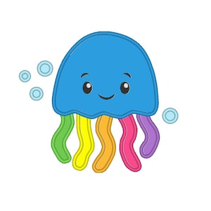 May include: A cartoon illustration of a smiling jellyfish. The jellyfish has a blue head and colorful tentacles in green, yellow, orange, pink, and purple. Bubbles float near the jellyfish, all on a white background.