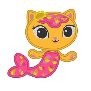 May include: An embroidered design of a cartoon cat with a mermaid tail. The cat is yellow with a pink and yellow flower crown and a pink mermaid tail. The tail and the cat's head have a repeating pattern.