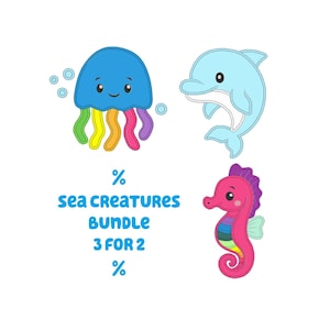 May include: A bundle of sea creature illustrations, including a blue jellyfish with rainbow tentacles, a light blue dolphin, and a pink seahorse. The text "SEA CREATURES BUNDLE 3 FOR 2" is also included.