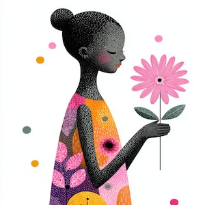 Art enfant fleur, décoration murale enfant, fleur moderne, fillette avec une fleur, art bohème pour chambre d'enfant, abstrait pour enfants, art robe rose, impression fille mignonne, fichiers JPG