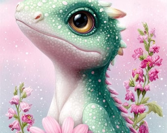 Baby Dragon Art, Fantasy Dragon, Cute Dragon PNG, Dragon and Flowers, Magical Creature, Dragon Clipart, Whimsical Art, Pastel Dragon,
