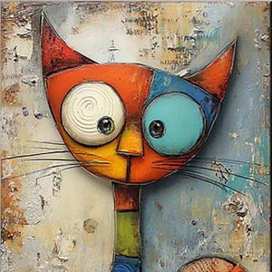 Peut inclure: Peinture abstraite colorée d'un chat avec un long corps et une queue, perché sur une pile de livres. Le corps du chat est composé de formes rectangulaires orange, bleu, vert et violet. Les livres sont également colorés.