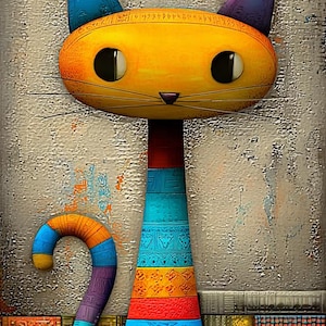 May include: A vibrant illustration of a cat, constructed from patterned blocks in shades of orange, blue, and green. The cat stands before a stack of books, creating a whimsical design. The artwork has a textured appearance, adding depth to the image.