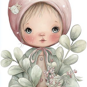 Puede incluir: Ilustración caprichosa de una figura infantil con sombrero y botas rosas, vistiendo un abrigo y pantalón verde menta. La figura sostiene una maceta blanca con diseño de corazón, llena de plantas. Una pequeña figura de animal asoma del bolsillo.