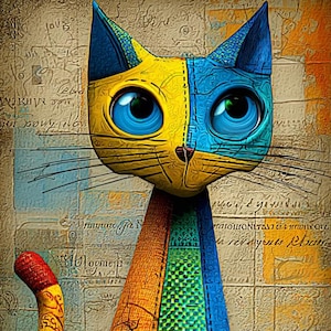 Puede incluir: Una colorida escultura de gato patchwork con cabeza amarilla y azul, sentada sobre una pila de tela estampada. El cuerpo del gato está compuesto por varias telas texturizadas en rojo, amarillo y azul. El fondo es una pared texturizada.