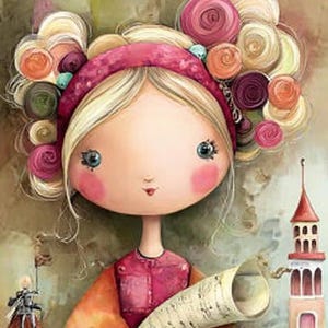 Può includere: Stampa artistica stravagante di una figura simile a una bambola che tiene in mano una pergamena, sullo sfondo di edifici colorati. La figura indossa una fascia rosa e un vestito patchwork nei toni dell'arancione, del viola e del verde. L'opera d'arte ha una qualità onirica.