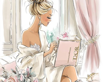 Parisian Fashion Illustration | Elegant Woman with Flowers (Digital Download)
