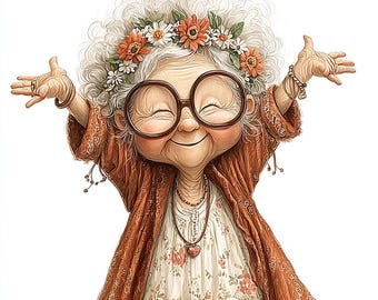 Happy Nanna, Whimsical Grandma PNG Set, Joyful Granny Clipart, Cute Old Lady Art, Cheerful Vintage Character Illustration