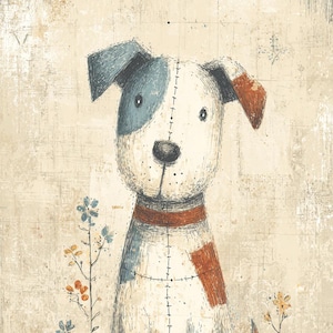 Clip art de perro caprichoso, ilustración rústica de cachorro, arte animal neutro para habitación infantil, decoración de boceto de mascota de estilo folclórico