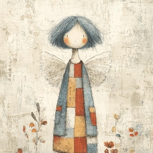 patchwork fairy, flower wings, stitched doll, rustic angel, garden sprite, soft colors, vintage style, whimsical girl, handmade charm