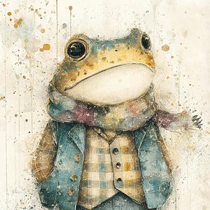 Puede incluir: Ilustración en acuarela de una rana vestida con una chaqueta azul, un chaleco a cuadros y pantalones azules. La rana lleva una bufanda y tiene una apariencia antropomórfica caprichosa. La obra de arte tiene un estilo pictórico texturizado con salpicaduras de pintura dorada y azul.