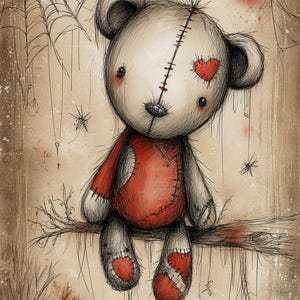 Gothic Teddybär, genähter Bär, gruselig süß, Herz Patch, dunkler Plüsch, Spukbär, Horrorpuppe, Spukbär, rote Stiche