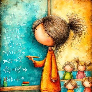 Arte en la clase de matemáticas, ayuda con tutorías, aula bonita, escuela pastel, niña en el escritorio, pizarra escolar, hora de la lección, ayuda del profesor, tiempo de estudio