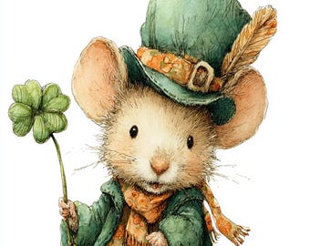 Lucky Clover Mouse CLIPART, St Patrick’s Day Mouse Art, Whimsical Watercolor Mouse, Irish Folk Character, Spring Festival Illustration