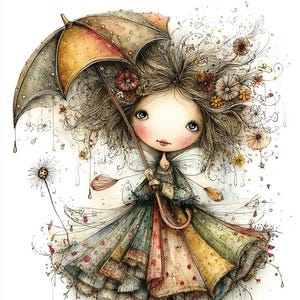 Puede incluir: Ilustración en acuarela de una figura de muñeca sosteniendo un paraguas marrón. La figura lleva un vestido colorido, medias a rayas y botas marrones. La obra de arte presenta acentos florales y una estética caprichosa y de cuento de hadas.