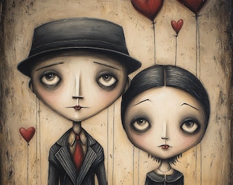 Gothic Couple, Dark Romance, Quirky Love, Heart Balloons, Odd Art Style, Whimsical Duo, Creepy Cute, Tim Burton, Love Painting