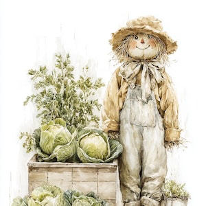 Espantapájaros de jardín, cosecha de otoño, zanahorias de granja, huerto de coles, decoración rústica, jardín de otoño, encanto campestre, arte de granja, espantapájaros vintage