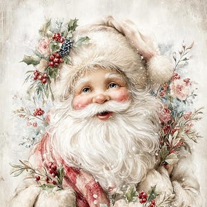 ヴィンテージサンタセット、花柄サンタクリップアート、レトロなクリスマスPNG、ヒイラギを持つサンタ、水彩画サンタクロース、ホリデーアート、フェスティバルバンドル