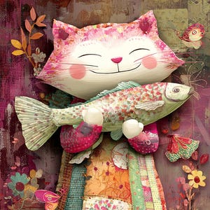 Op de afbeelding: Een grillige illustratie van een lachende kat die een vis vasthoudt. De kat is roze en wit, gekleed in een patchwork jurk en laarzen. Vlinders en bloemen omringen de kat, waardoor een kleurrijke en vrolijke scène ontstaat.
