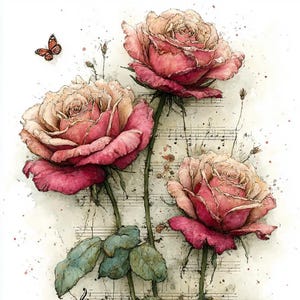 Puede incluir: Pintura a la acuarela de tres rosas rosas con hojas y tallos verdes sobre un fondo de partituras. Una pequeña mariposa naranja revolotea en la parte superior izquierda. La obra de arte tiene un aspecto vintage y artístico.