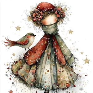 rouge-gorge de Noël, fille d'hiver, art enneigé, robe de fête, bottes rouges, oiseau de vacances, style des bois, hiver douillet, Noël vintage