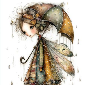 Può includere: Illustrazione ad acquerello di una bambina fatata stravagante con un ombrello sotto la pioggia. La bambina indossa un vestito patchwork, calze a righe e scarpe floreali. L'ombrello è marrone e verde e la fata ha ali delicate.