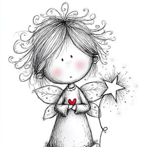 May include: A charming black and white illustration of a cartoon angel holding a red heart and a star-shaped wand. The angel has curly hair, rosy cheeks, and leaf-shaped wings. The angel is wearing a white dress and striped socks.