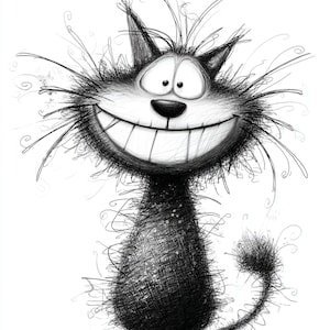 Grinny Paws, funny cat drawing, doodle cat art, quirky cat illustration, cartoon cat print, sketch style cat, whimsical cat decor, silly cat
