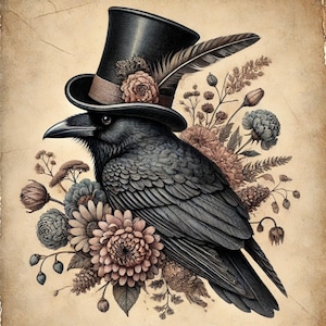 O Corvo, arte do corvo, corvo gótico, arte de pássaro vintage, corvo floral, pássaro de cartola, estética sombria, corvo místico, corvo vitoriano, imagens JPG