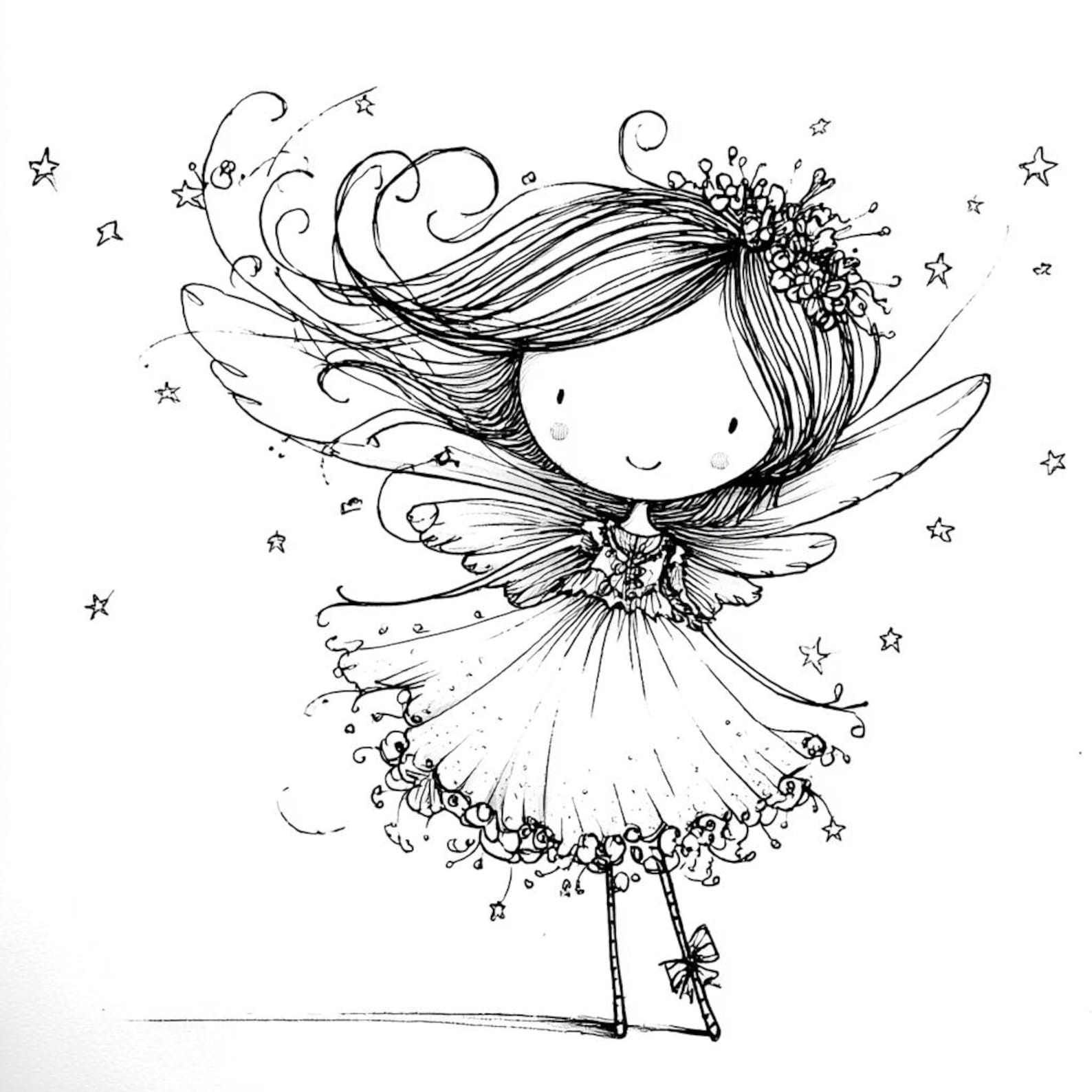 Angel Sketch, Fairy Girl, Star Wings, Christmas Cute, Scribble Art ...
