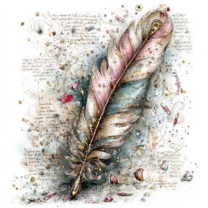 Puede incluir: Ilustración en acuarela de una pluma con detalles en rosa, azul y dorado. La pluma es el punto focal, rodeada de escritura, mariposas y pequeños elementos decorativos. La obra de arte tiene un ambiente caprichoso y artístico.