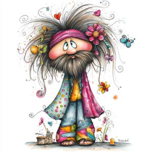May include: A whimsical watercolor illustration of a cartoon hippie character with long gray hair, a beard, and a pink headband. The character wears colorful patchwork pants, a patterned jacket, and a pink scarf, surrounded by butterflies and flowers.