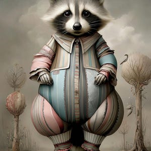 Könnte beinhalten: Eine skurrile Illustration eines Waschbären in einem gestreiften, pastellfarbenen Outfit. Der Waschbär hat ein grau-weißes Gesicht und steht in einer surrealen Landschaft mit stilisierten Bäumen. Das Outfit umfasst eine Jacke mit Kragen und eine Pumphose.