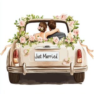 Wedding Car, Just Married, Bride Groom, Floral Car Art, Romantic Ride, Wedding Clip, Cute Wedding, Car Clipart, Wedding Love, jpg images