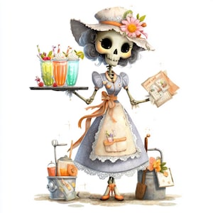 skeleton girl, spooky cute, diner waitress, milkshake art, halloween cafe, pastel goth, retro server, undead style, vintage skull