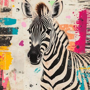 May include: A vibrant artwork featuring a zebra with black and white stripes, set against a colorful background. The background includes splashes of pink, yellow, blue, and orange, with heart and lipstick-shaped accents.