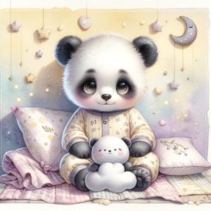 Baby Panda, panda stravagante, pigiama accogliente, arte della buonanotte, acquerello carino, vibrazioni sognanti. clipart stravaganti, immagini JPG,