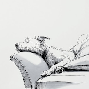 Arte di cane pigro, cane sul divano, cucciolo assonnato, schizzo di cane, cane che fa un pisolino, arte di cane a inchiostro, cane carino che fa un pisolino, cane sul divano, illustrazione di cane, immagini jpg