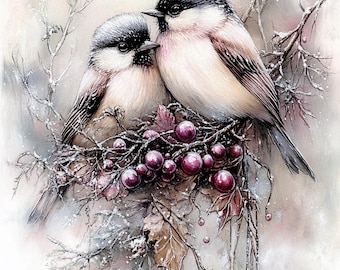 May include: Watercolor painting of two small birds perched on a branch with red berries. The birds have black and white heads, and beige and brown bodies. The background is a soft, blurred white and gray.