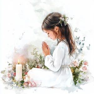 Prima Comunione, Bambina che prega, Arte biblica, Abito della fede, Santa Croce, Candela bianca, Bambino in chiesa, Clipart di grazia, Momento di preghiera, Immagini JPG