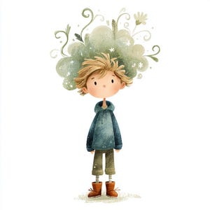whimsical boys, cute boy art, retro kids, curly hair art, storybook boys, boy clipart, vintage overalls, watercolor kid, mixed media boy