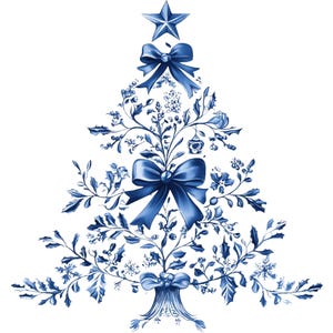 Chinoiserie Tree, Blue Xmas Art, Elegant Holiday, Delft Christmas, Floral Tree Art, Blue Pine Decor, Classic Xmas Tree, Toile Christmas