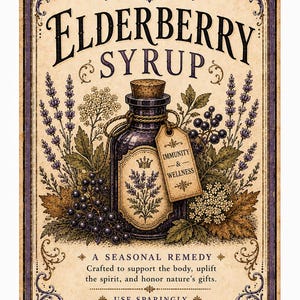 May include: A rectangular label for Hawthorne Apothecary Elderberry Syrup featuring a dark glass bottle with a cork, surrounded by illustrations of elderberries, lavender, and flowers. A tag reads Immunity & Wellness. Text includes A Seasonal Remedy.