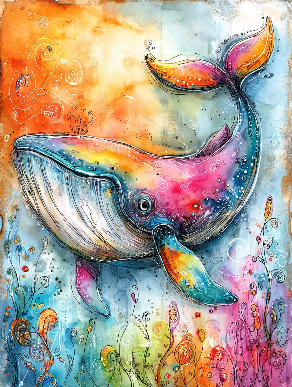 手描き原画「虹色に溶けるクジラ」 手描き原画「虹色に溶けるクジラ」