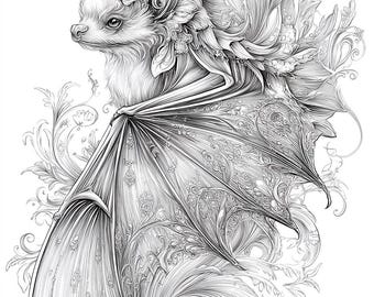 Baroque Batlings, fantasy bat art, bat line art, gothic bat print, baroque bat art, bat coloring, bat drawing, spooky bat, ornate bat, JPGs
