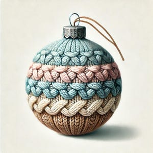 Puede incluir: Un adorno navideño redondo con un diseño de punto. El adorno presenta bandas de patrones de punto azul, rosa y crema, con una base marrón. Tiene una tapa de metal plateado y una cuerda marrón para colgar.