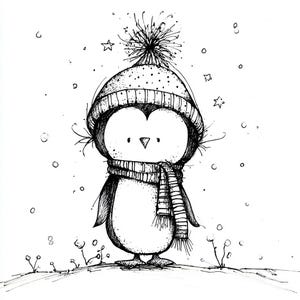May include: A black and white illustration of a penguin wearing a knit hat with a pom-pom and a striped scarf. The penguin is standing on a snowy surface with falling snowflakes and star shapes.