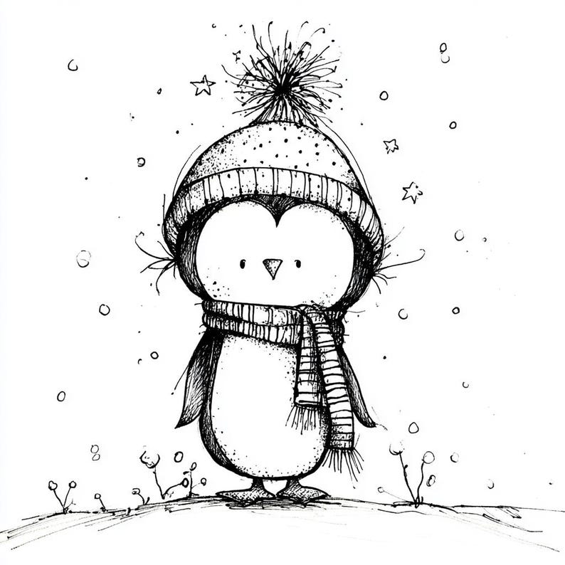 May include: A black and white illustration of a penguin wearing a knit hat with a pom-pom and a striped scarf. The penguin is standing on a snowy surface with falling snowflakes and star shapes.