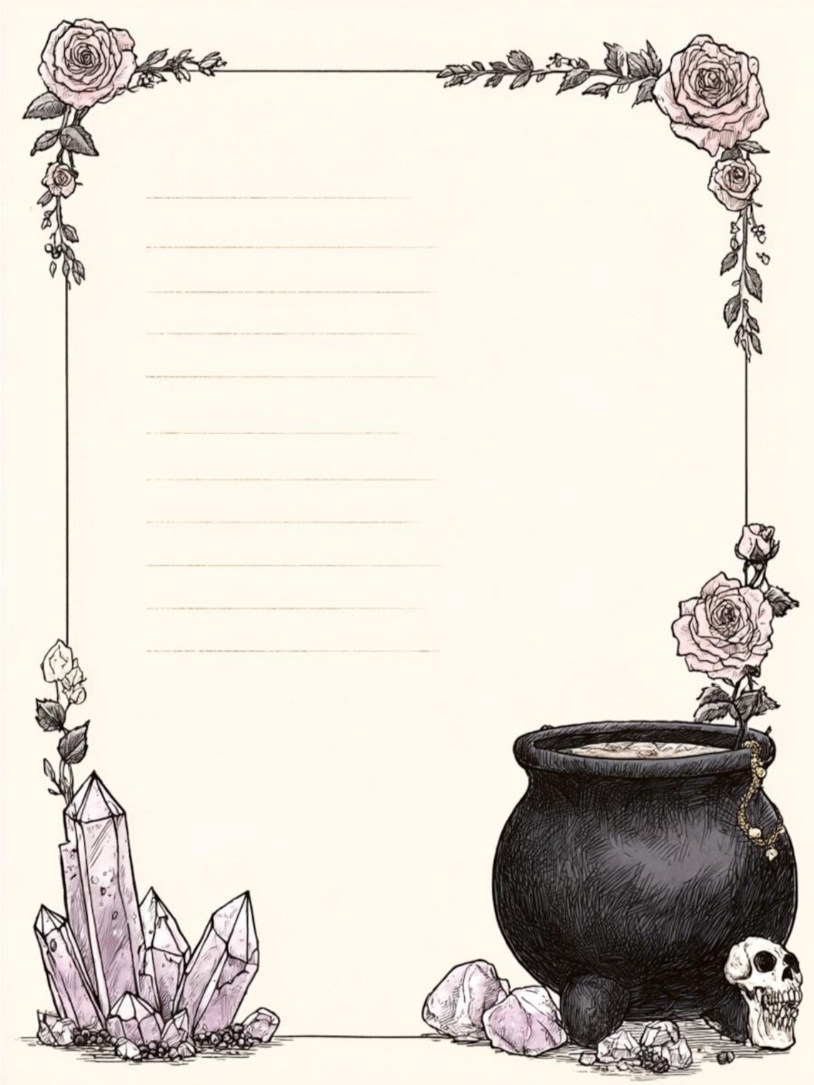 Witchy Paper, Spell Page, Crystal Border, Cauldron Art, Skull Paper ...